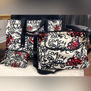 3 piece Coach Women's Black and Red Floral Tote Set